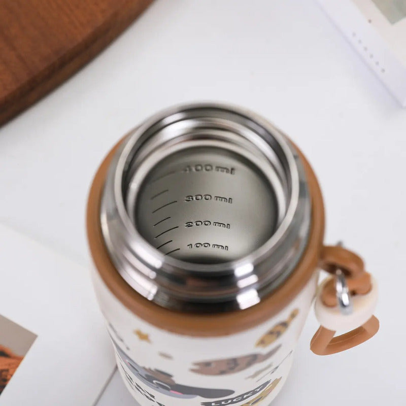 Termo 500ml Inoxidable Kawai Animales + Taza Botella Térmica