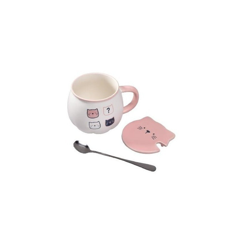 Taza Cat Cute Mug Con Tapa Y Cuchara Gato Kawaii /r&c
