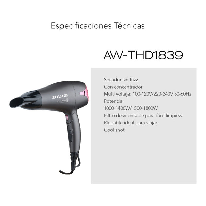 Secador De Pelo Aiwa Plegable Portátil 1800w Seca Sin Frizz