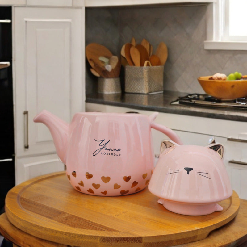 Set Tetera De Gatito De Porcelana + 4 Tazas + Bandeja Bambu
