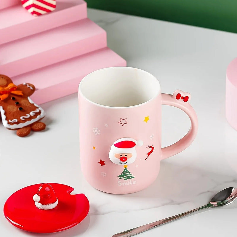 Taza De Navidad Con Tapa Y Cuchara Taza Con Santa Cute /ryc