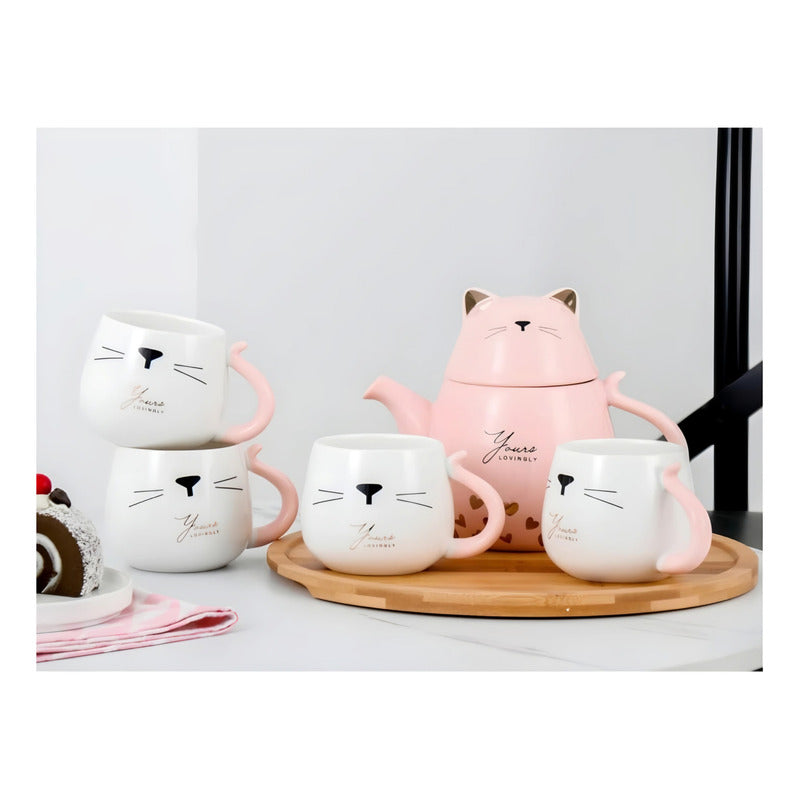 Set Tetera De Gatito De Porcelana + 4 Tazas + Bandeja Bambu