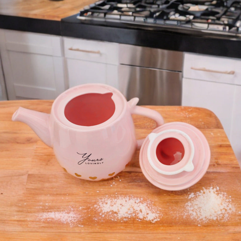 Set Tetera De Gatito De Porcelana + 4 Tazas + Bandeja Bambu