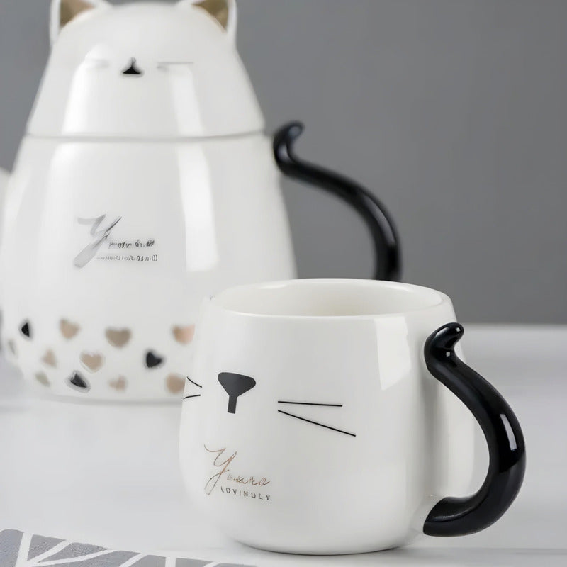 Set Tetera De Gatito De Porcelana + 4 Tazas + Bandeja Bambu
