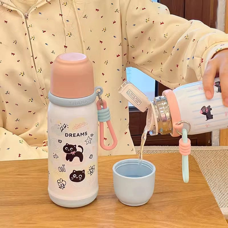 Termo 500ml Inoxidable Kawai Animales + Taza Botella Térmica