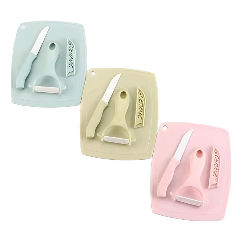 Set Cuchillo + Pelador De Cerámica De Frutas Verdura + Tabla