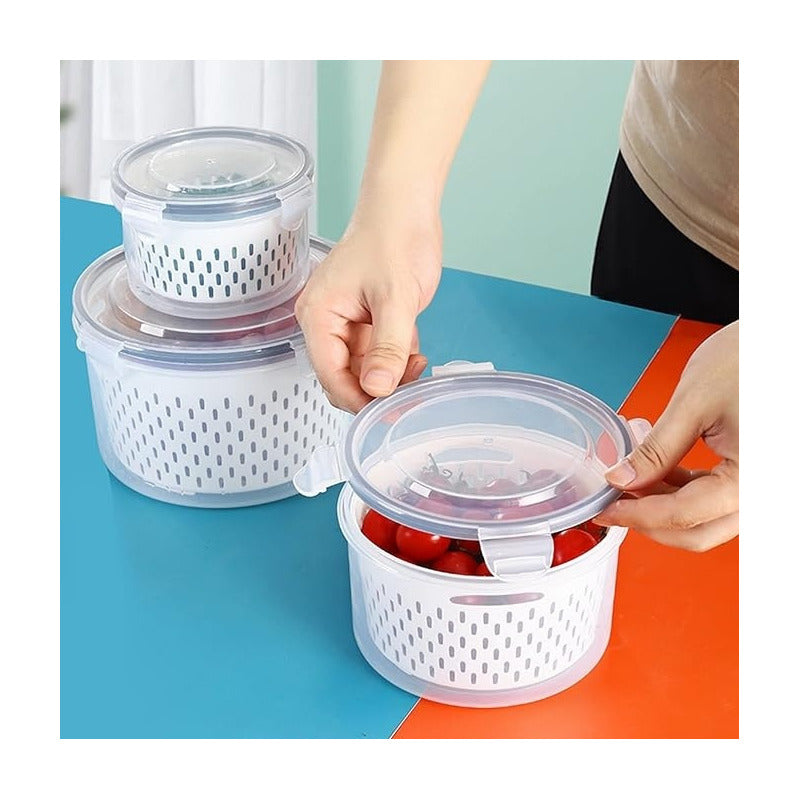 X3 Tupper Hermético Contenedor Alimentos Frescos Con Colador
