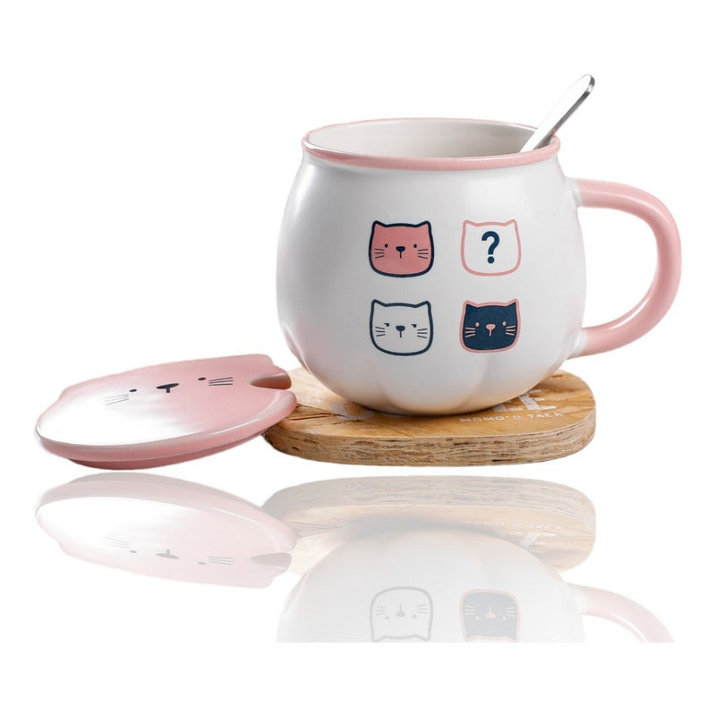 Taza Cat Cute Mug Con Tapa Y Cuchara Gato Kawaii /r&c