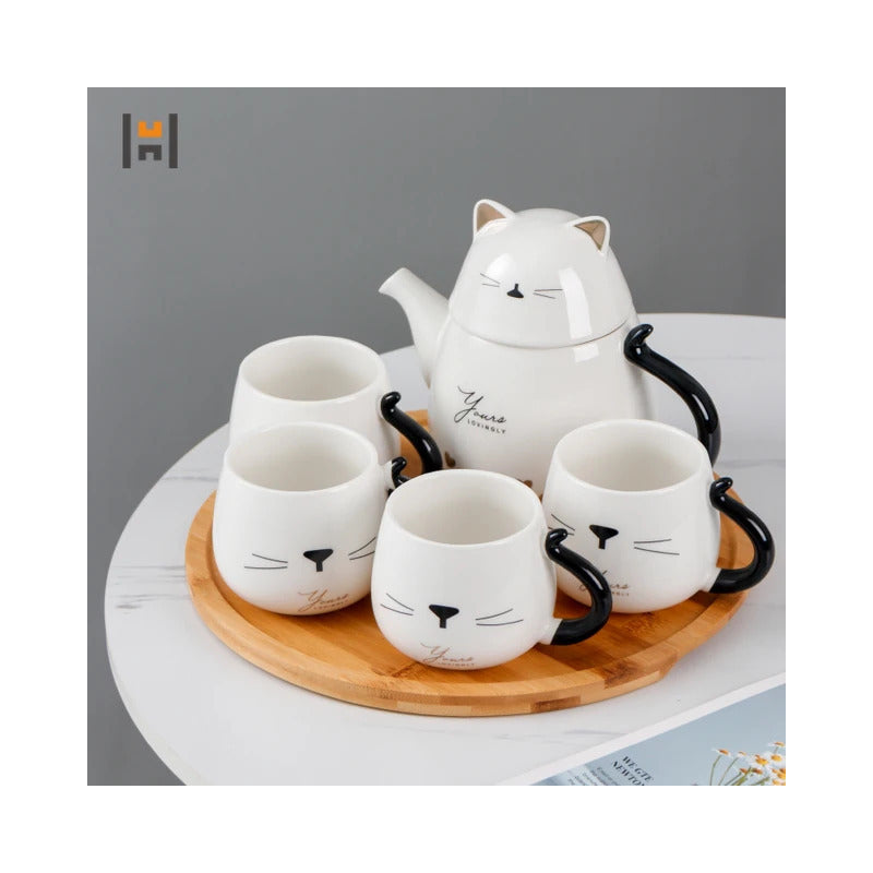 Set Tetera De Gatito De Porcelana + 4 Tazas + Bandeja Bambu