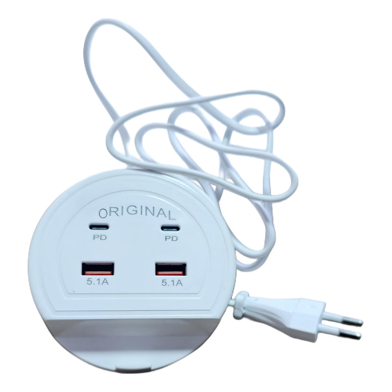 Hub Usb Alargador Enchufe 220v 4 Puertos 2 Usb 2 Tipo C 5.1a Blanco Xy0446