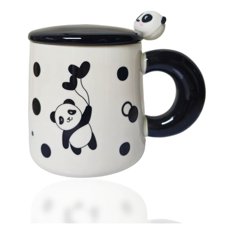 Tazón Oso Panda Taza Kawaii Con Tapa Y Cuchara 400ml / Ryc