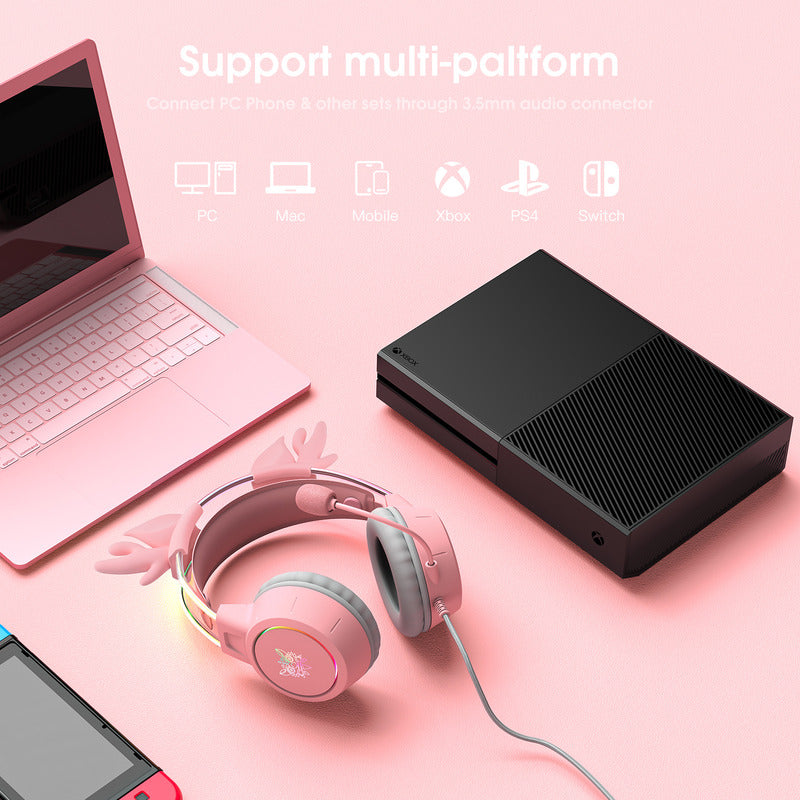 Audífonos Gamer Rosa Ciervo Onikuma X15 Pro Comp. Pc Ps4 Ps5