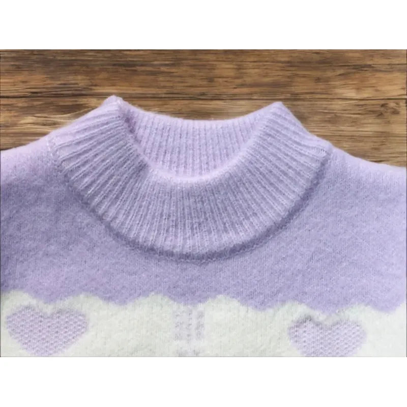 Sweater De Niña Tejido Cuello Alto Suéter Caliente Polerón Lila 211 Corazones 130