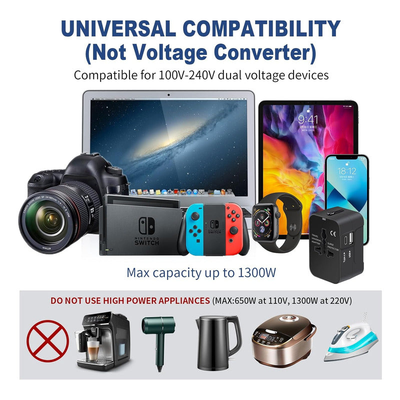 Adaptador De Enchufe Viajero Con Usb + Tipo C Conector Viaje