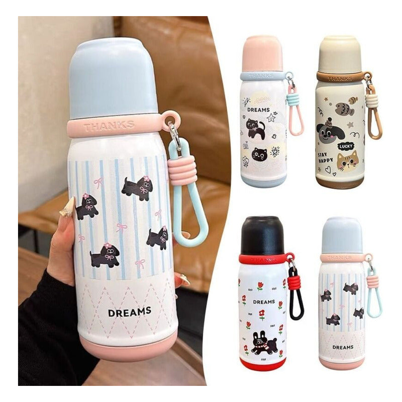 Termo 500ml Inoxidable Kawai Animales + Taza Botella Térmica