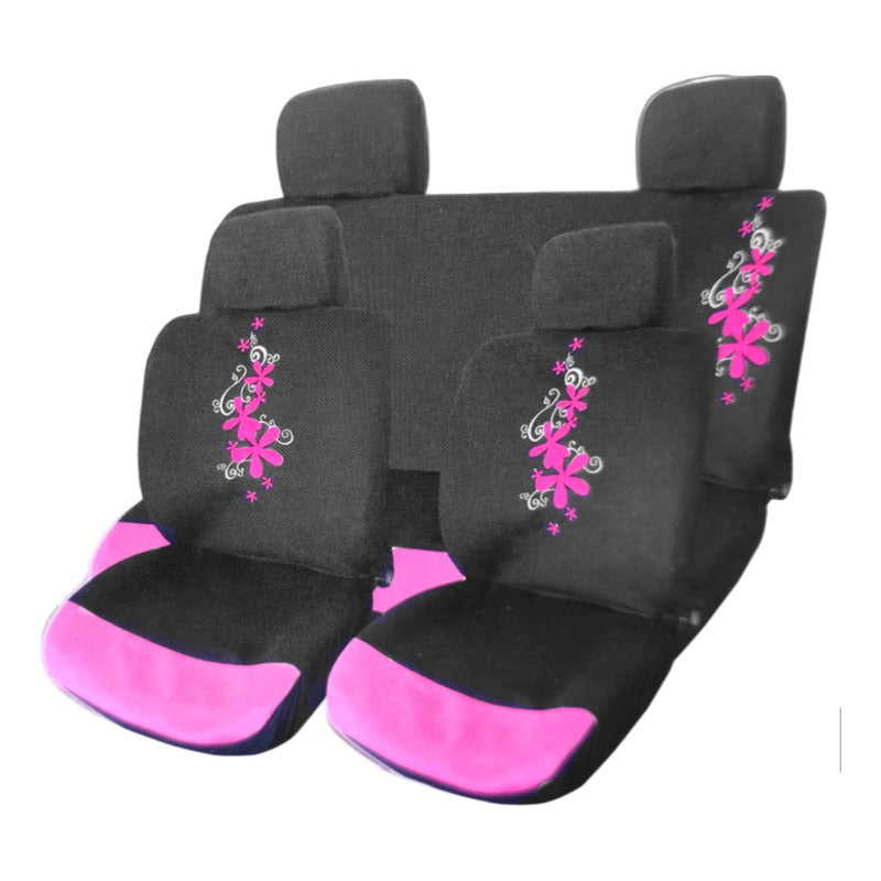 Funda Cubre Asiento Negro Flores Bordada 8pcs Auto Universal