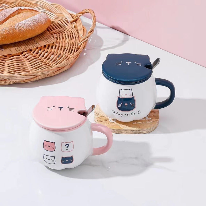 Taza Cat Cute Mug Con Tapa Y Cuchara Gato Kawaii /r&c
