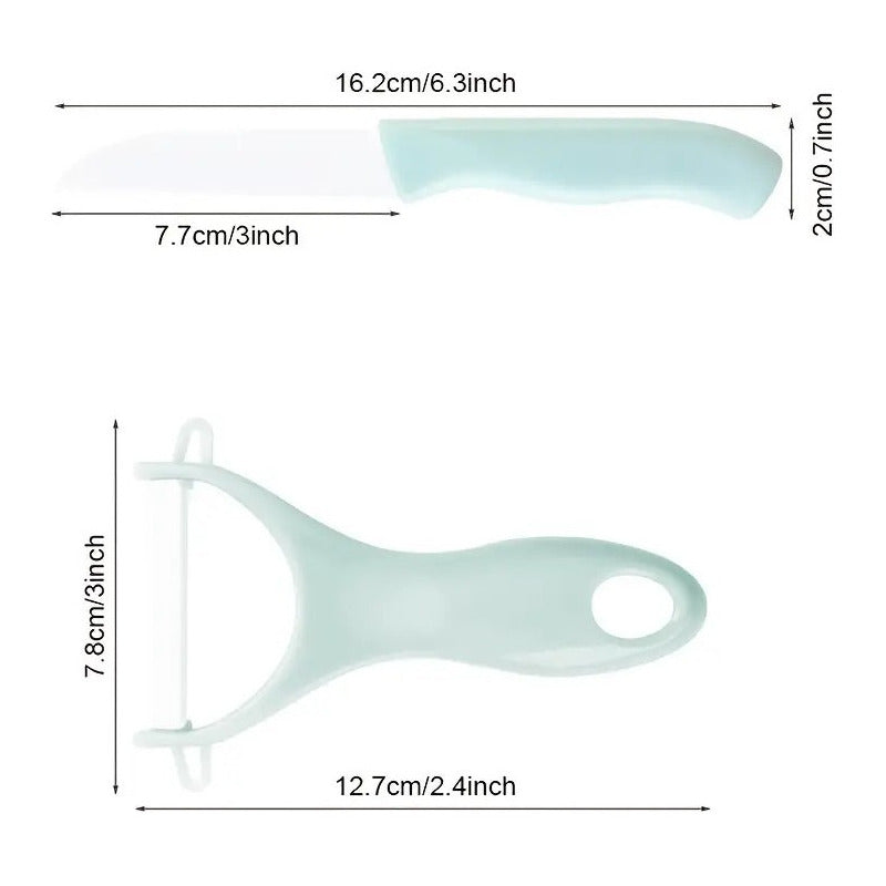 Set Cuchillo + Pelador De Cerámica De Frutas Verdura + Tabla