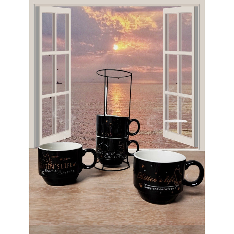 Set 4 Tazas Kawai Apilables 6cm + Soporte Mug Gato Chi /r&c