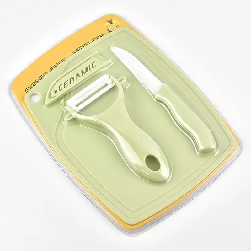 Set Cuchillo + Pelador De Cerámica De Frutas Verdura + Tabla