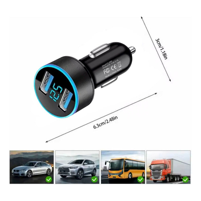 Cargador Auto Doble Usb 3.1a Con Voltímetro 12-24v Adaptador