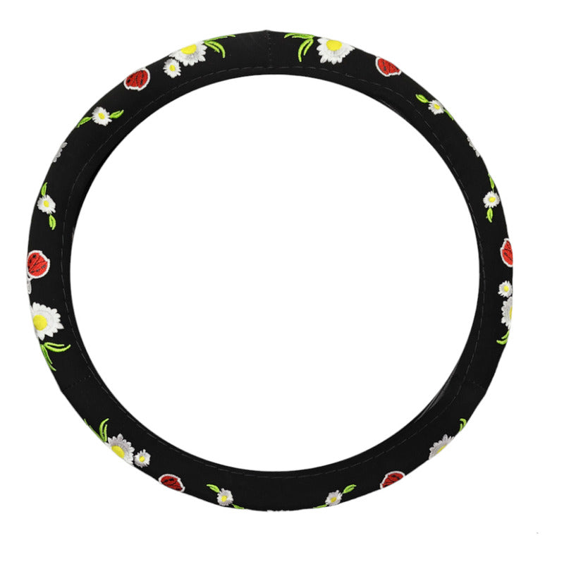 Funda Cubre Volante 38cm Negro Flores Chinita Auto 034