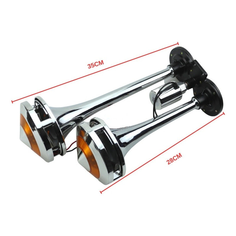 Bocina De Aire Electrica Doble Trompeta Con Luz Ámbar 12-24v