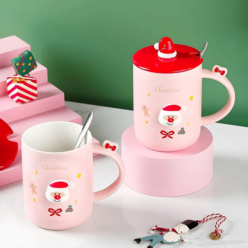 Taza De Navidad Con Tapa Y Cuchara Taza Con Santa Cute /ryc