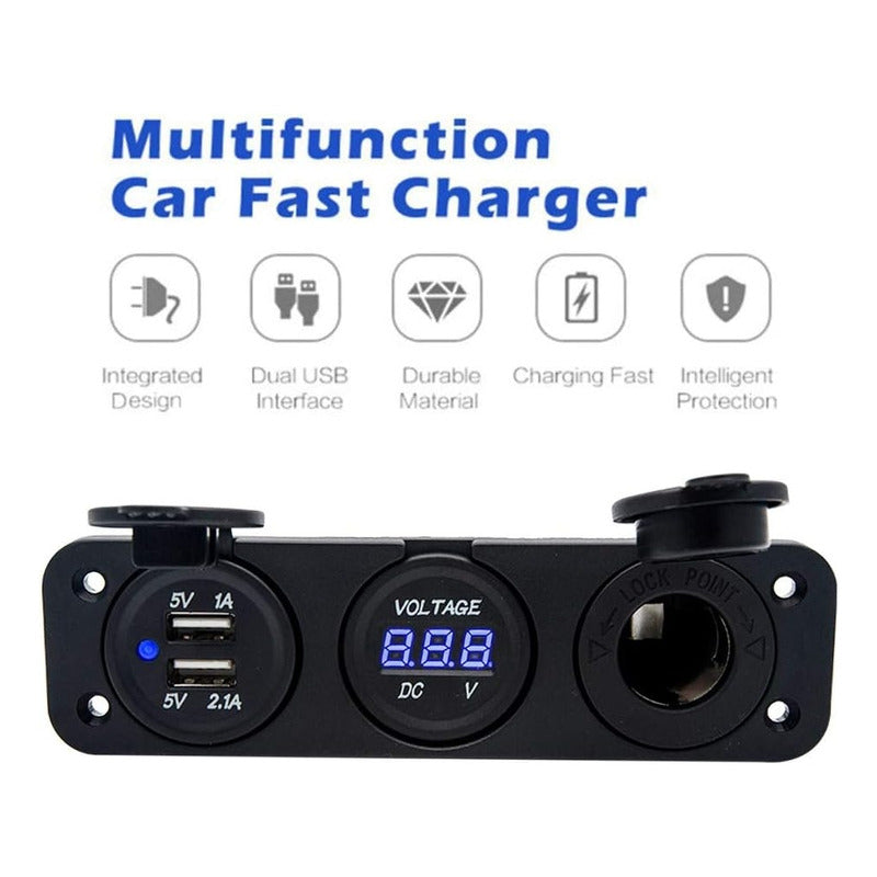 Panel Triple Adaptador 2usb + Voltímetro + Cenicero 12-24v