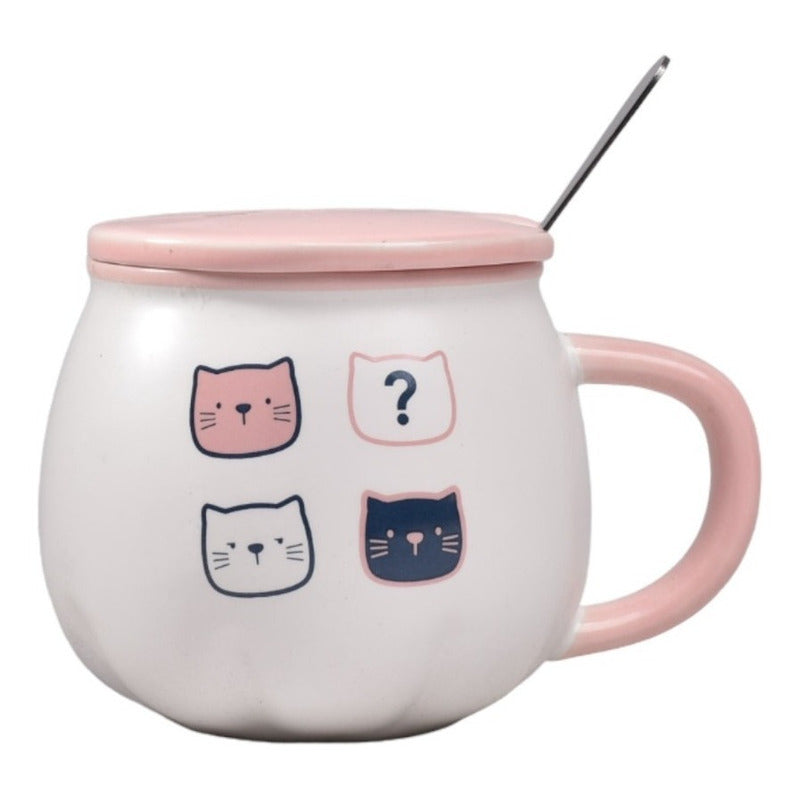 Taza Cat Cute Mug Con Tapa Y Cuchara Gato Kawaii /r&c