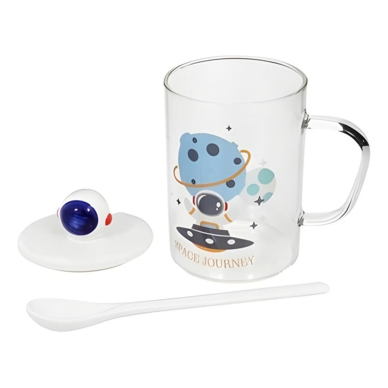 Taza De Vidrio De Astronauta Con Tapa Y Cuchara Cerámica R&c