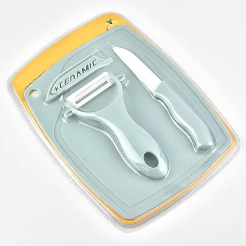 Set Cuchillo + Pelador De Cerámica De Frutas Verdura + Tabla