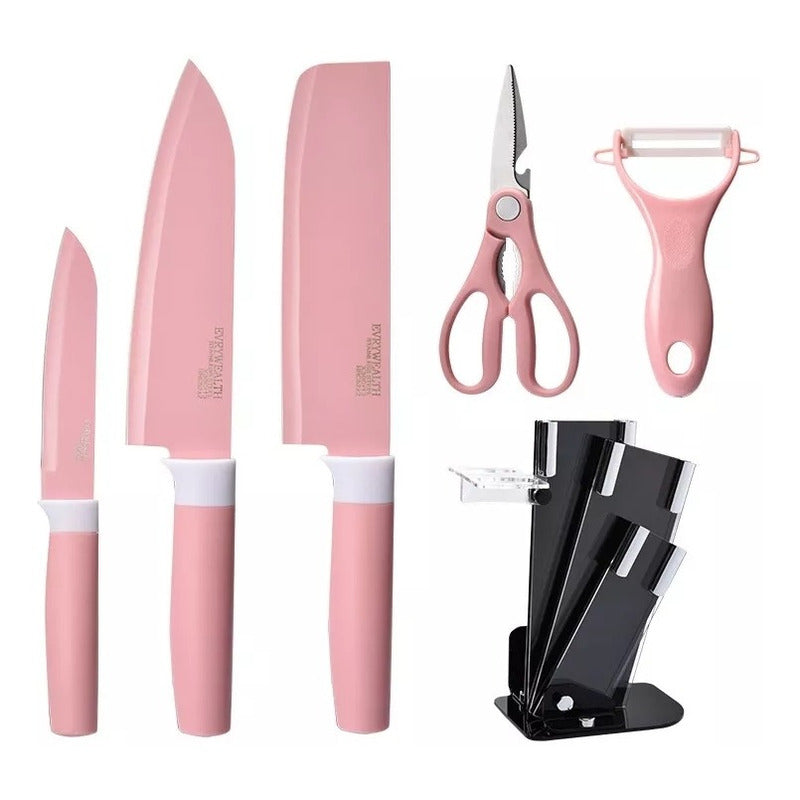 Set De Cuchillos Cocina De Colores 6piezas Pedestal Pelador