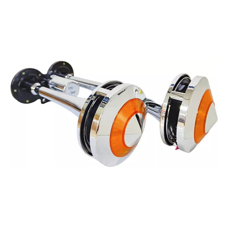 Bocina De Aire Electrica Doble Trompeta Con Luz Ámbar 12-24v