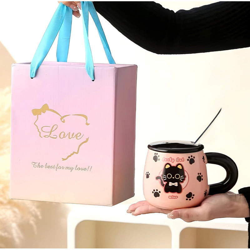 Tazón Kawaii Gato Y Conejo Mug Con Tapa Cuchara Taza Cartoon