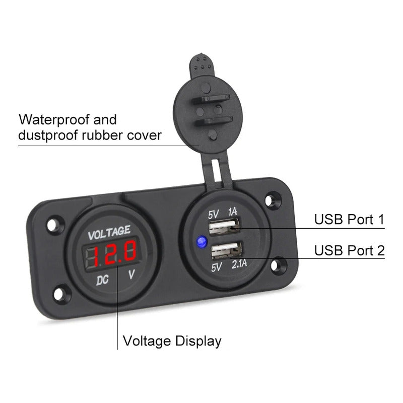 Panel Doble Adaptador 2usb + Voltímetro 12-24v Auto Camión