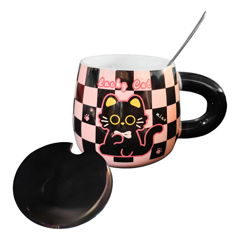 Tazón Kawaii Gato Y Conejo Mug Con Tapa Cuchara Taza Cartoon