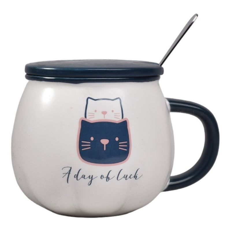Taza Cat Cute Mug Con Tapa Y Cuchara Gato Kawaii /r&c
