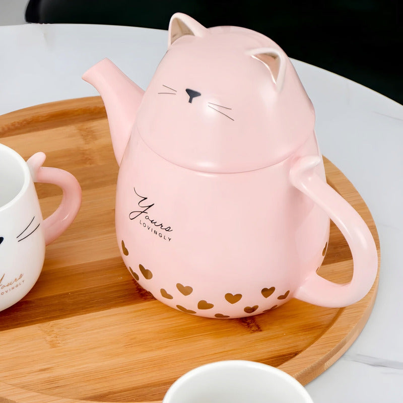 Set Tetera De Gatito De Porcelana + 4 Tazas + Bandeja Bambu