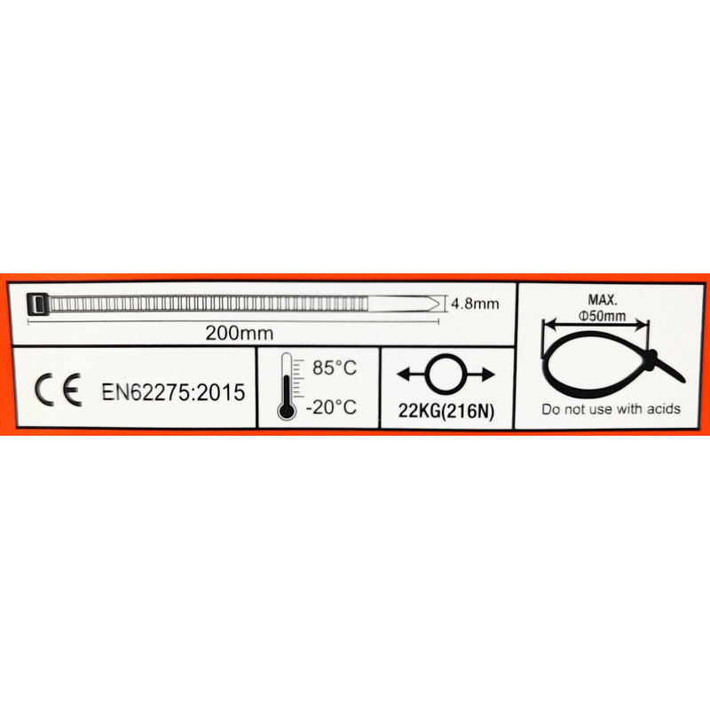 Set 100 Amarras Plásticas 4.8x200mm Precinto Nylon Multiuso