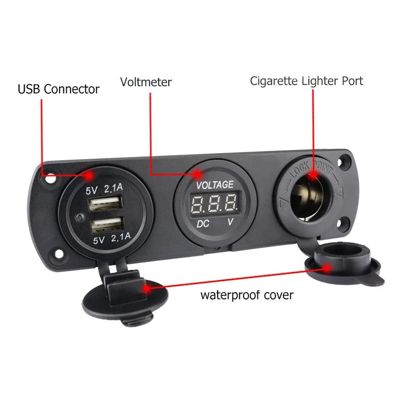 Panel Triple Adaptador 2usb + Voltímetro + Cenicero 12-24v