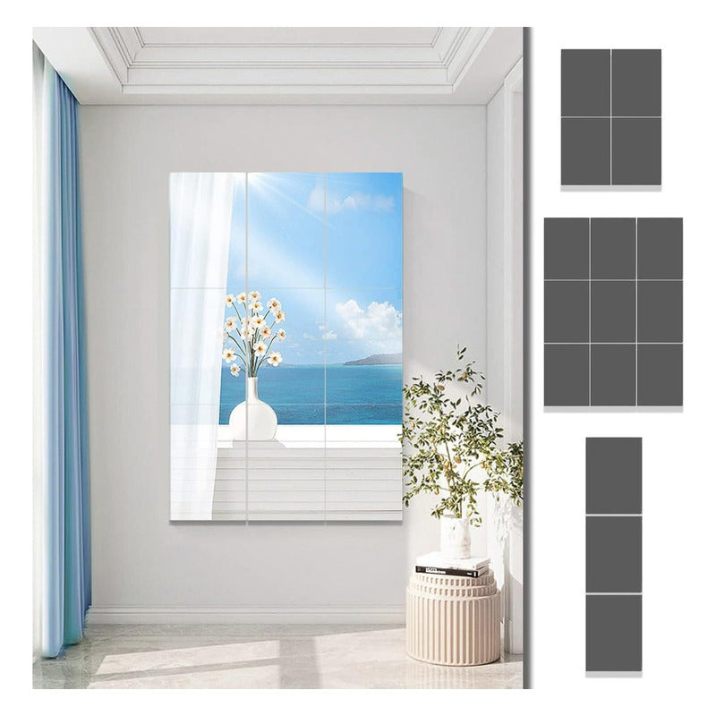 Pack 8 Vinilo Espejo Adhesivo Cuadrado Decorativo 20x12.5cm