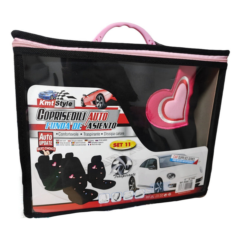 Set Funda Cubre Asiento 11pcs Negro Corazón Auto Universal