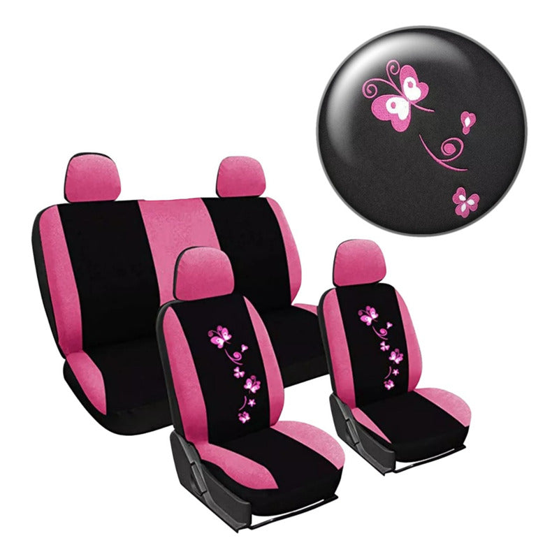 Funda Cubre Asiento Negro Flores Bordada 8pcs Auto Universal