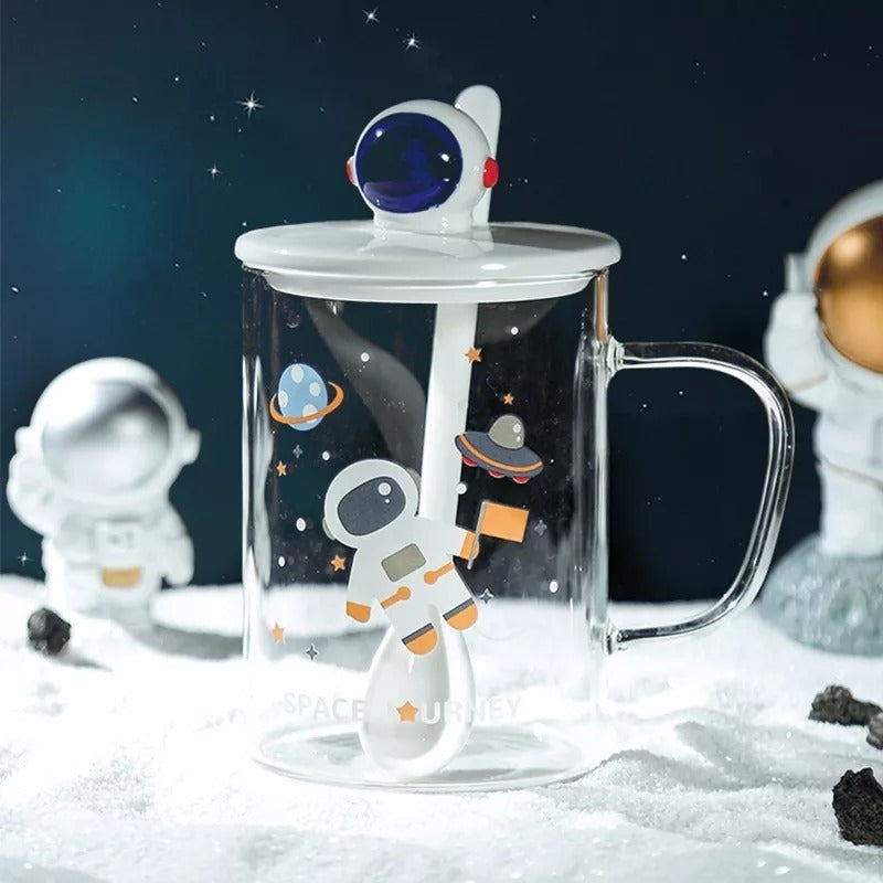 Taza De Vidrio De Astronauta Con Tapa Y Cuchara Cerámica R&c