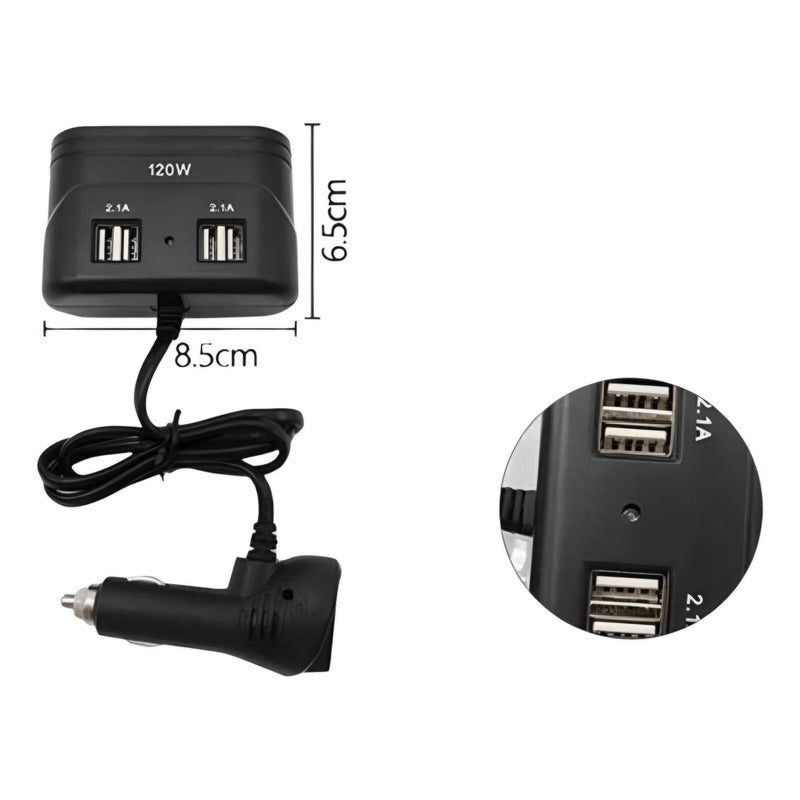 Adaptador 3 Encendedor 4 Usb 120w 12-24v Splitter Cenicero