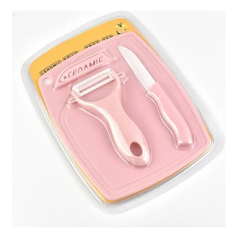 Set Cuchillo + Pelador De Cerámica De Frutas Verdura + Tabla