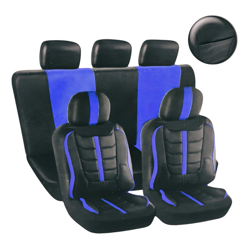 Set Cubre Asiento 11pcs 100% Eco Cuero Acolchado Premium Azu
