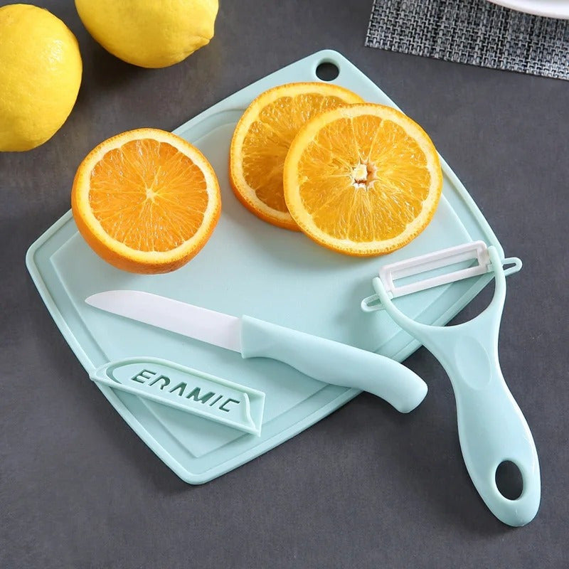 Set Cuchillo + Pelador De Cerámica De Frutas Verdura + Tabla