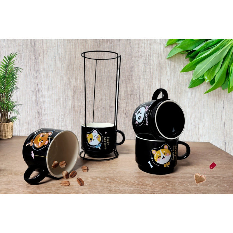 X4 Set Tazas Mug Tazón Gato Chi Apilables 7cm + Soporte /r&c